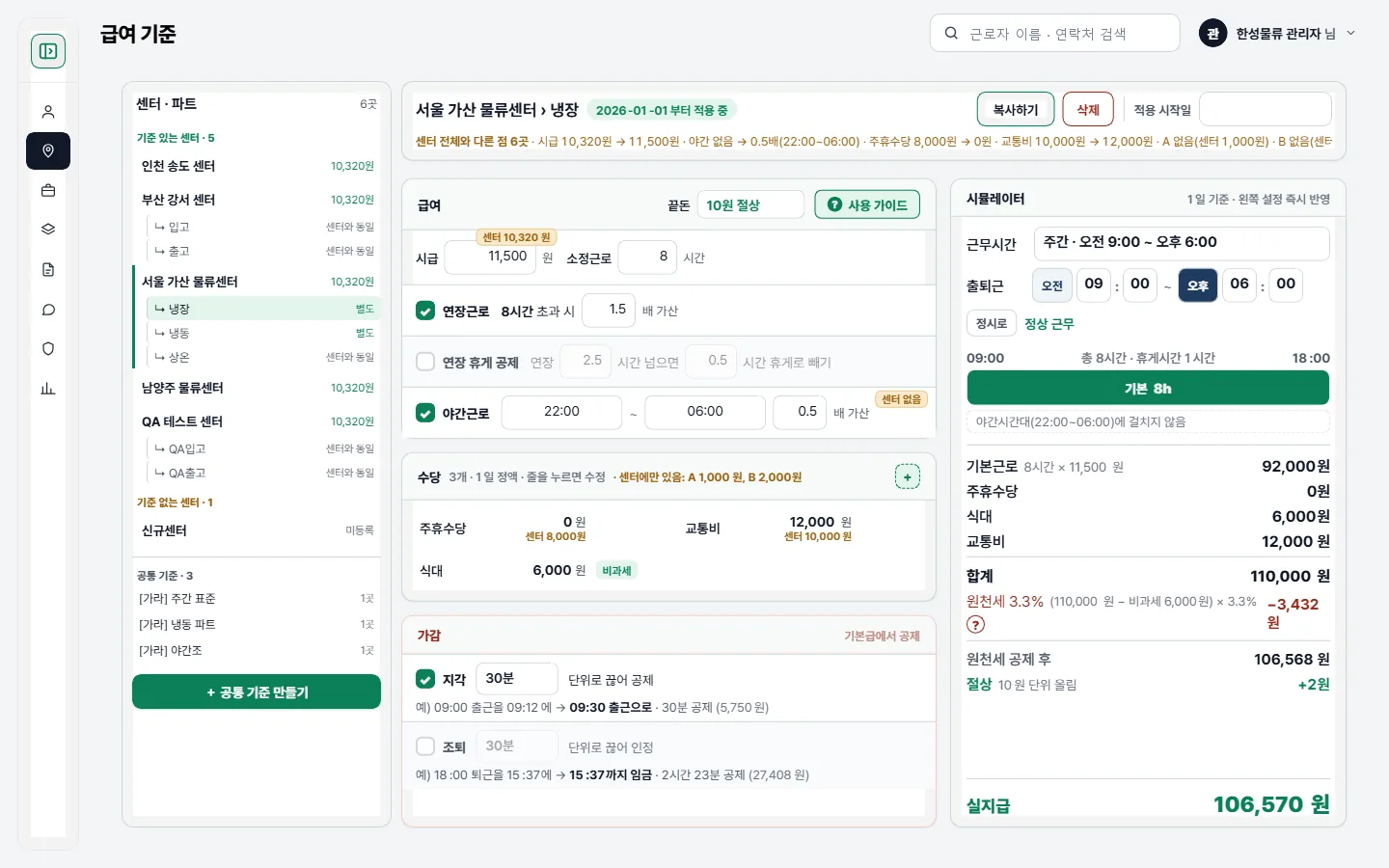 관리자 콘솔의 급여 기준 화면. 센터와 파트별로 시급·연장·야간 배율과 수당 항목을 설정한다.